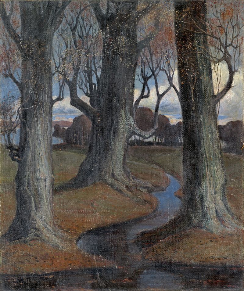 Landscape by Rudolf Löw, oil painting depicting a serene horizon blending blues and greens.