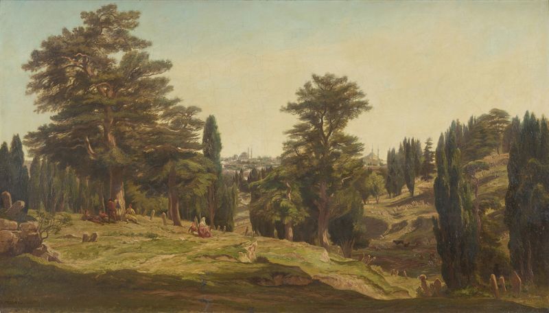 Pintura a óleo de Charles Guillaume Hornig mostrando um cemitério com Constantinopla ao fundo.