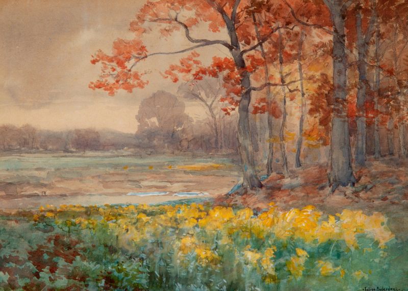 Yellow flowers on a grey background, oil painting by Julian Onderdonk
