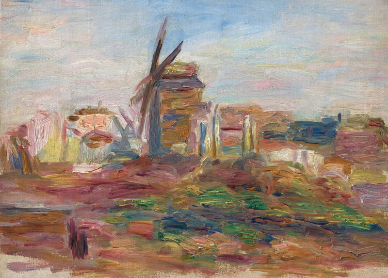 Moulin sur la colline de Montmartre de Pierre-Auguste Renoir, óleo que muestra la luz filtrándose entre los árboles.