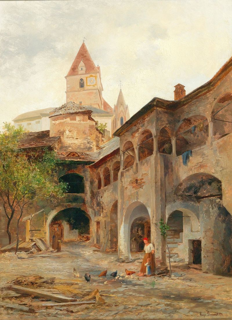 Pintura al óleo de paisaje de Hugo Darnaut que muestra vegetación y un edificio bajo la luz del sol