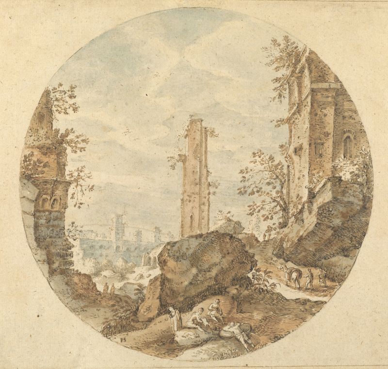 Travellers among Roman Ruins, oil on canvas by Pieter Stevens, featuring figures among ancient columns.