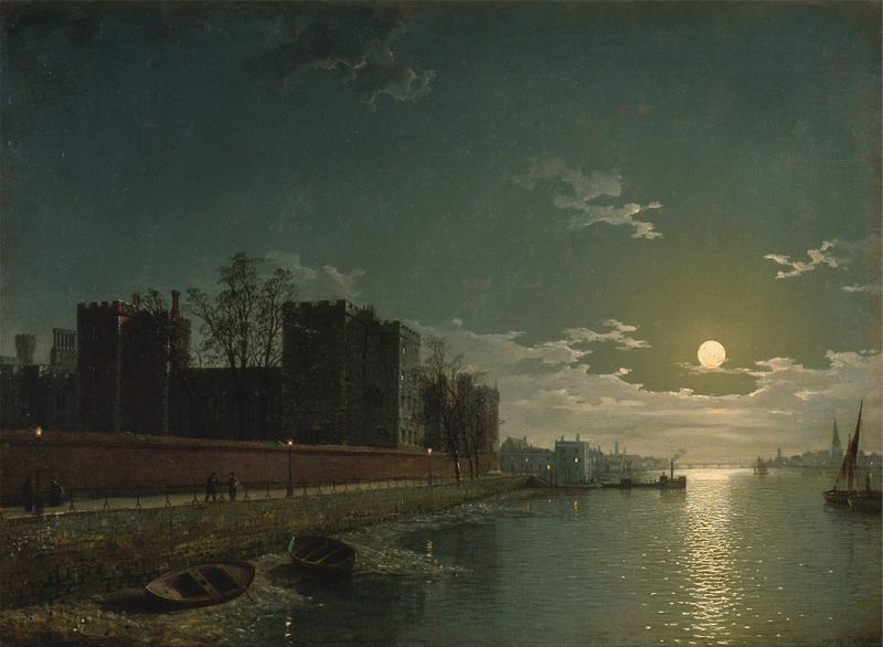 Lambeth Palace de Henry Pether, óleo sobre tela, mostrando arquitetura intrincada e interação da luz.
