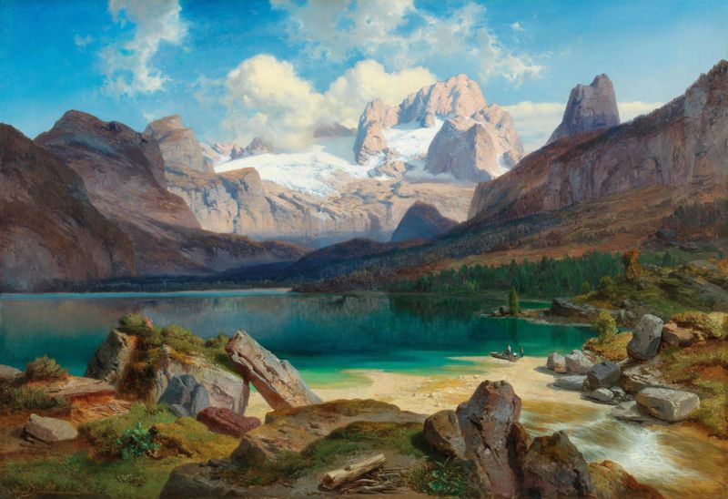 Lake Gosau landscape with mountains reflected in the water, oil painting by Albert Zimmermann