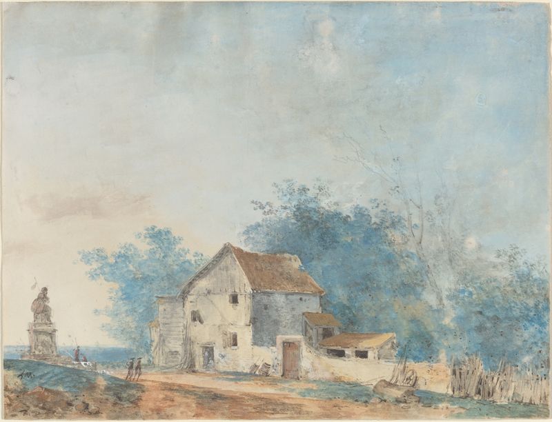Landscape by Louis Gabriel Moreau, oil on canvas depicting hills, trees, and twilight.