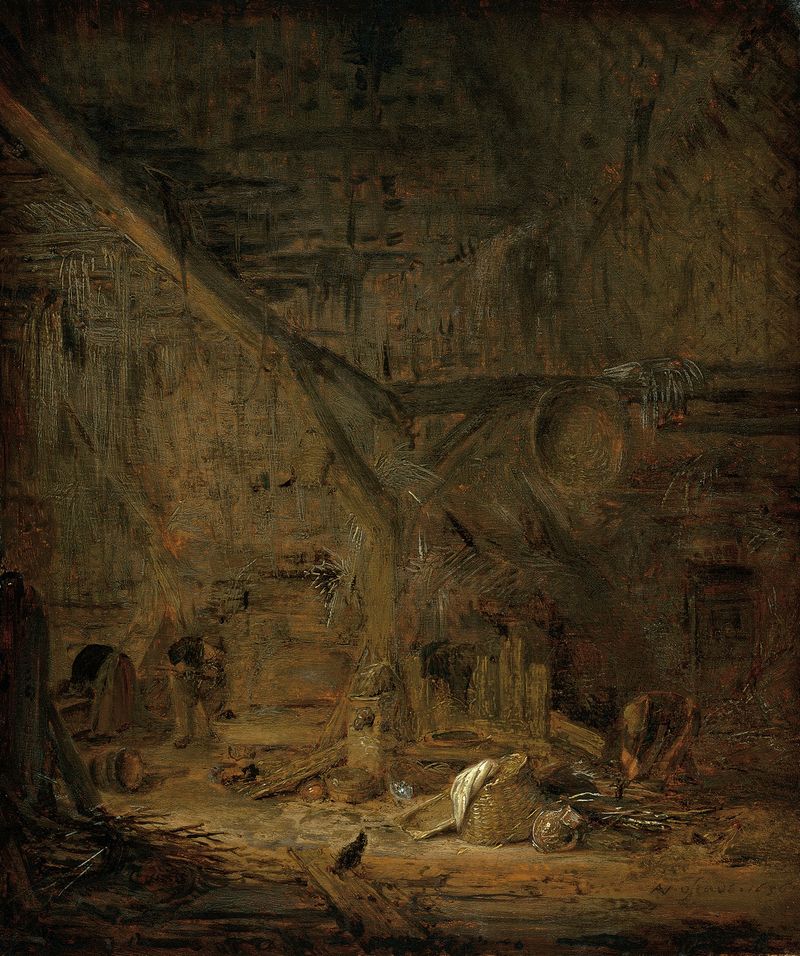 Interior of a barn with farmers and sunlight by Adriaen van Ostade, oil painting