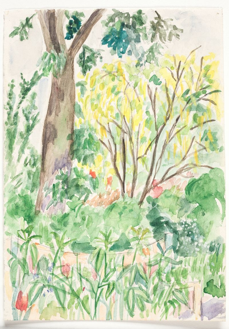 Oil painting by John Christensen depicting a lush garden with vibrant flowers and foliage.