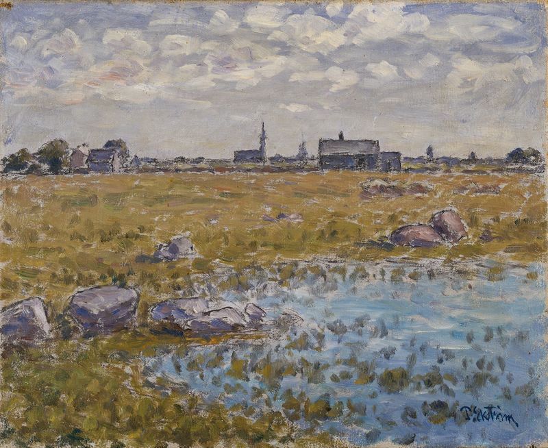 Expressionism landscape depicting Gräsgård Church by Per Ekström, with stormy skies and vibrant greenery.