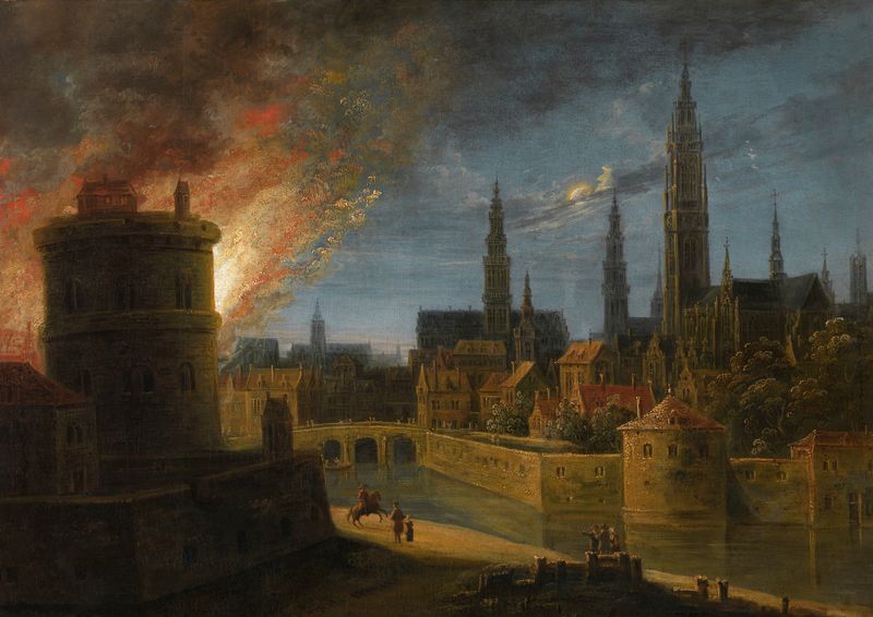 Landscape with ruins and fire aftermath, oil on canvas by Daniel Van Heil