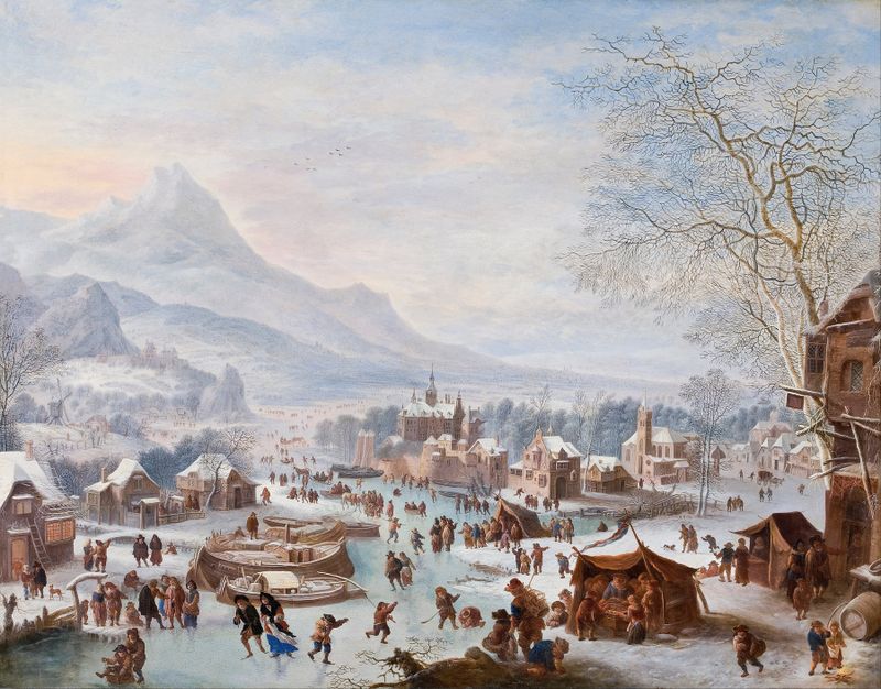 Winter Scene with Skaters by Jan Griffier, oil painting depicting skaters on ice