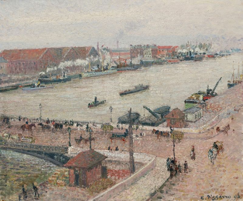 Pintura al óleo de Camille Pissarro que muestra figuras a lo largo del río Sena en Ruan.