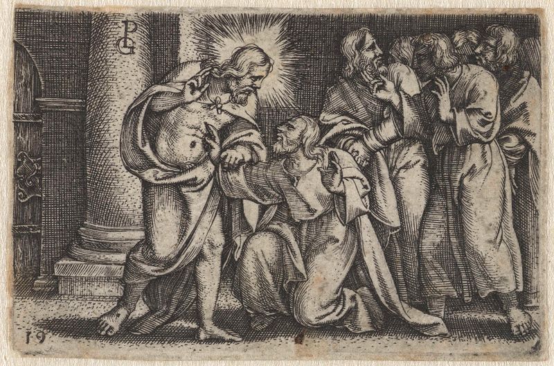 Gravura de Georg Pencz mostrando Tomás tocando a ferida de Cristo com luz divina