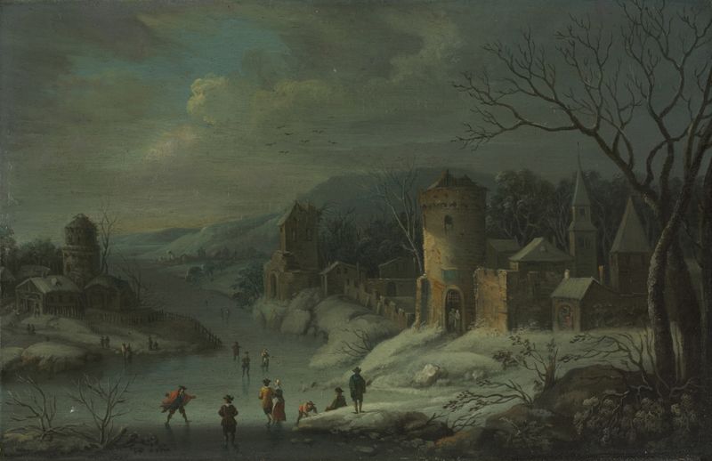 Winter landscape with a river, snow, and trees by Jan Griffier, oil painting