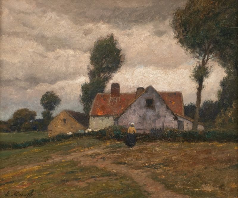 Farm in stormy landscape by Eugen Kampf, oil painting of a farmhouse under a stormy sky.