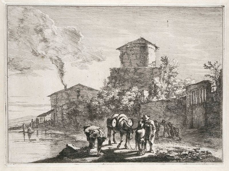 Mannen en een muilezel bij de Via Appia, gravura de Jan Both, retratando figuras em uma estrada romana.