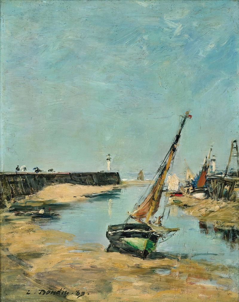 Escena marina del muelle en marea baja de Eugène Boudin, pintura al óleo