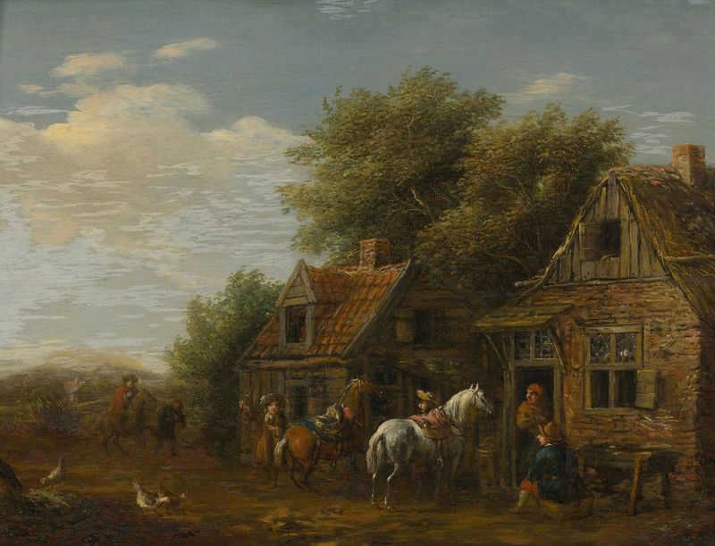 Riders In A Village by Barent Gael, depicting restless horses in a village, oil painting.