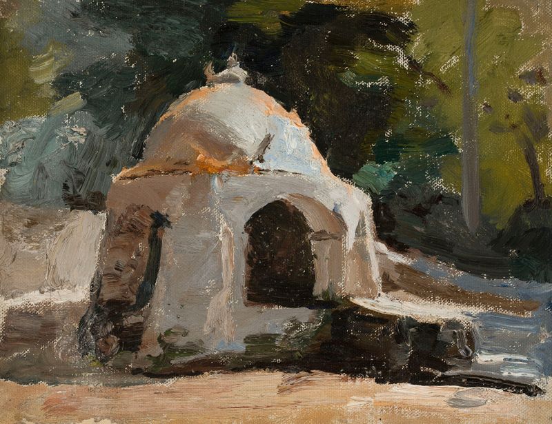Pintura a óleo impressionista de uma fonte em Corfu por Jan Ciągliński