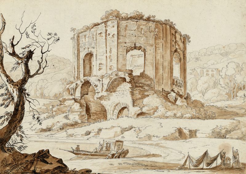 Marine scene by Carlo Labruzzi, unknown medium, featuring fishermen and tourists at Baiae