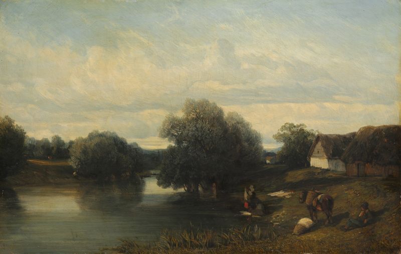 Cottage by the River with Washerwomen, oil on canvas by Camille Flers