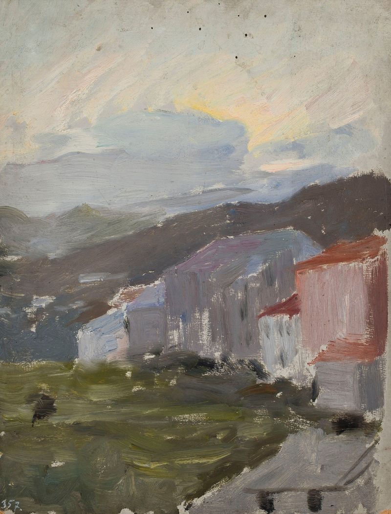 Porto Maurizia de Jan Ciągliński, óleo sobre tela que retrata uma paisagem costeira com reflexos do pôr do sol.