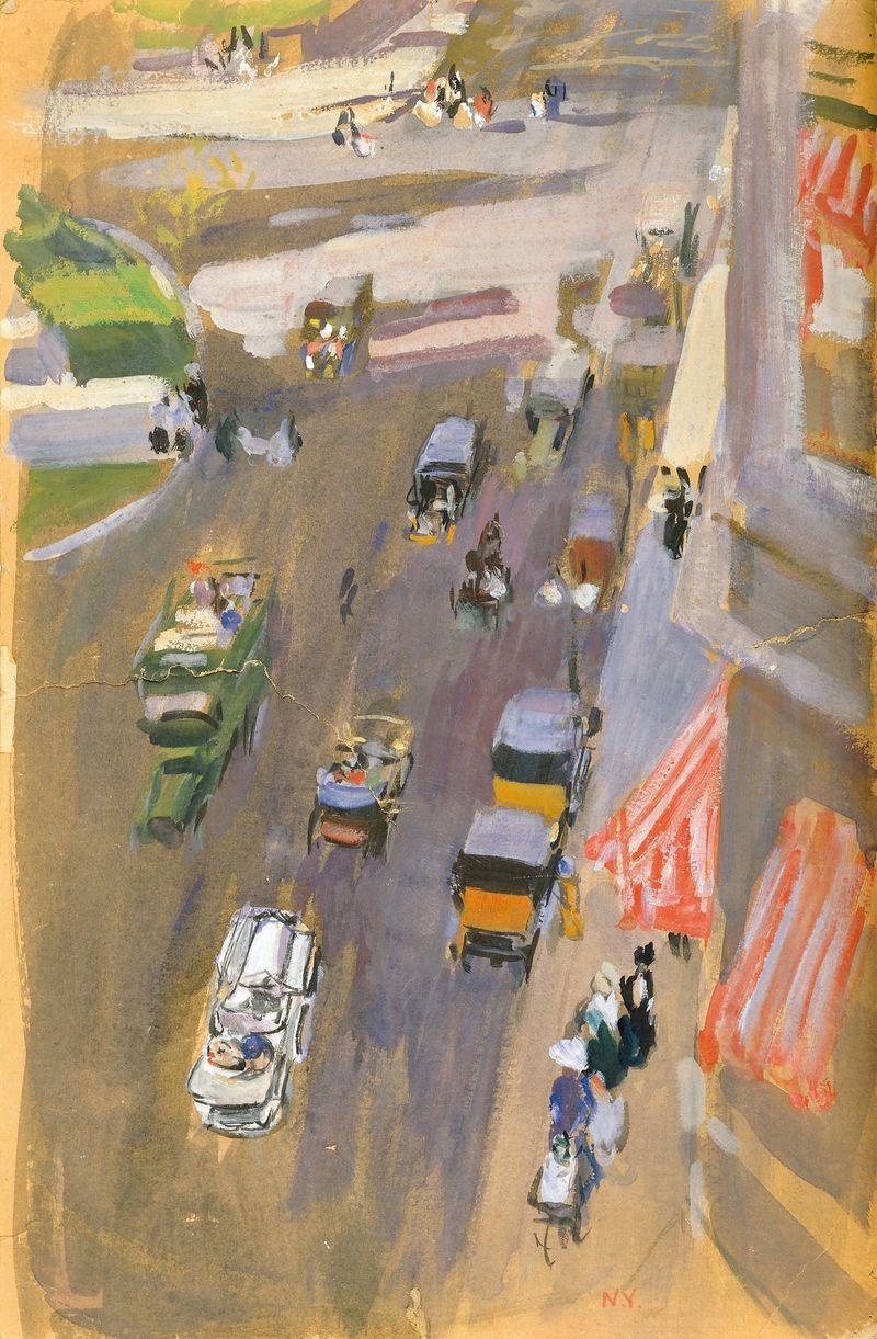 Fifth Avenue, Nova Iorque de Joaquín Sorolla, óleo sobre tela retratando a vida urbana com figuras e luz.