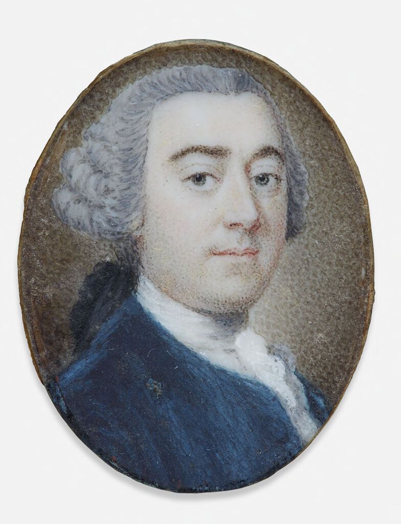 Retrato de um homem em jaqueta azul, meio de marfim, de um artista não identificado