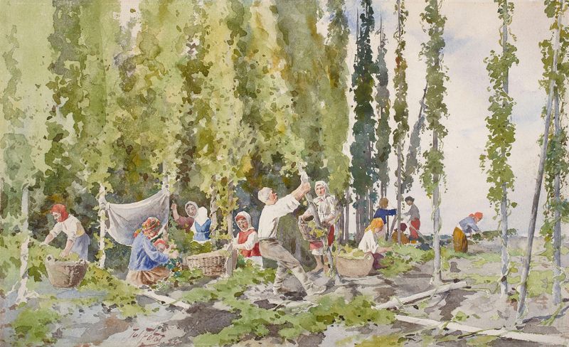 Hop Picking by Julian Falat, oil on canvas depicting workers harvesting hops among lush greenery.