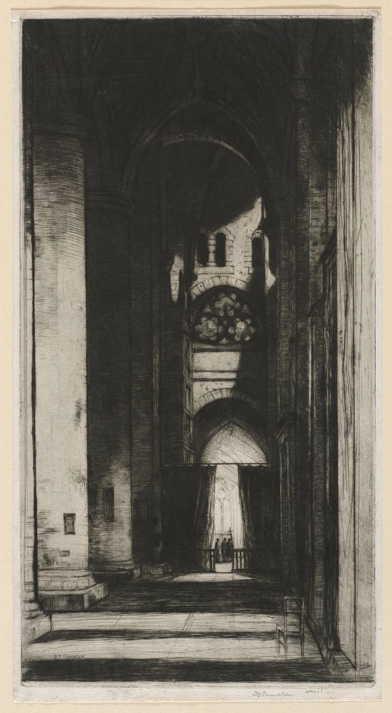 Paisagem de Tewksbury Abbey por David Young Cameron, com luz etérea e árvores, pintura a óleo