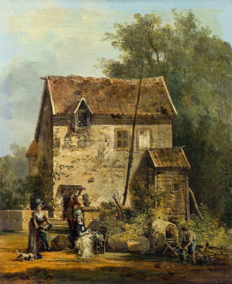 Elegant Company in a Garden, oil on canvas by Louis Gabriel Moreau, featuring figures in a garden under a tree.