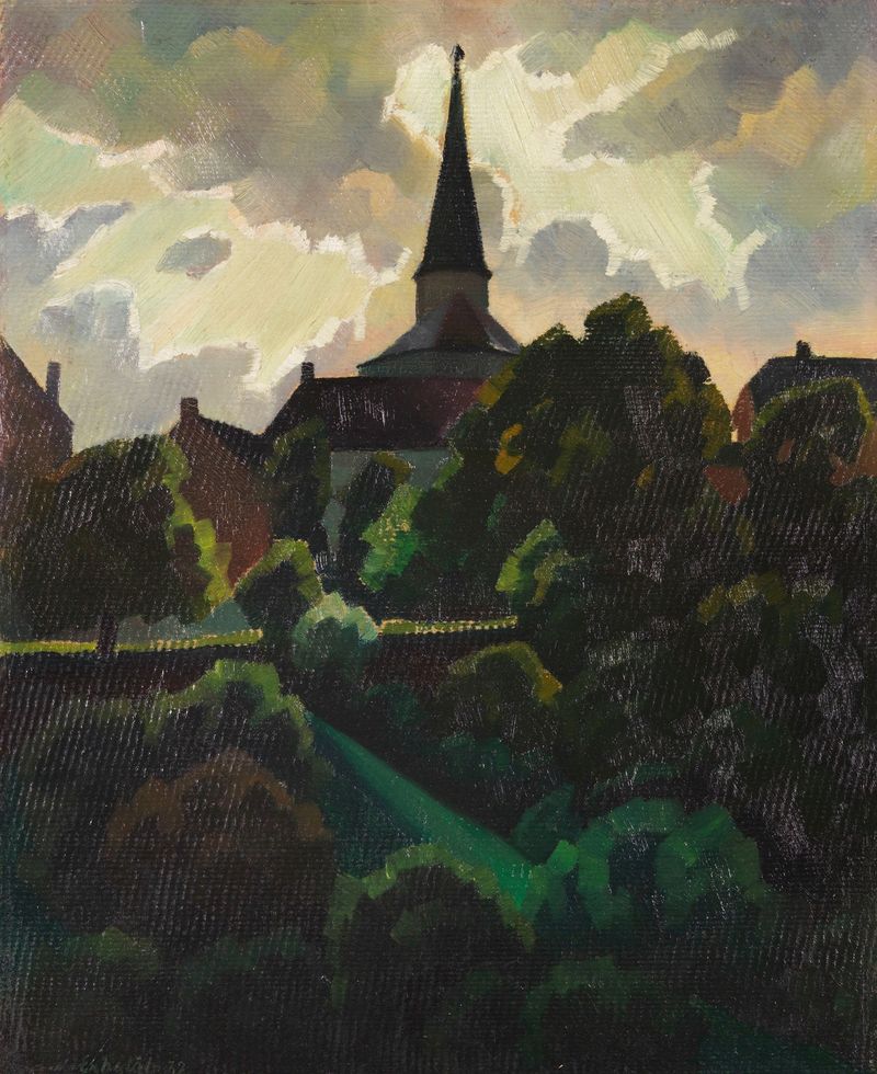Landscape oil painting by Adolf Erbslöh depicting a church after a storm
