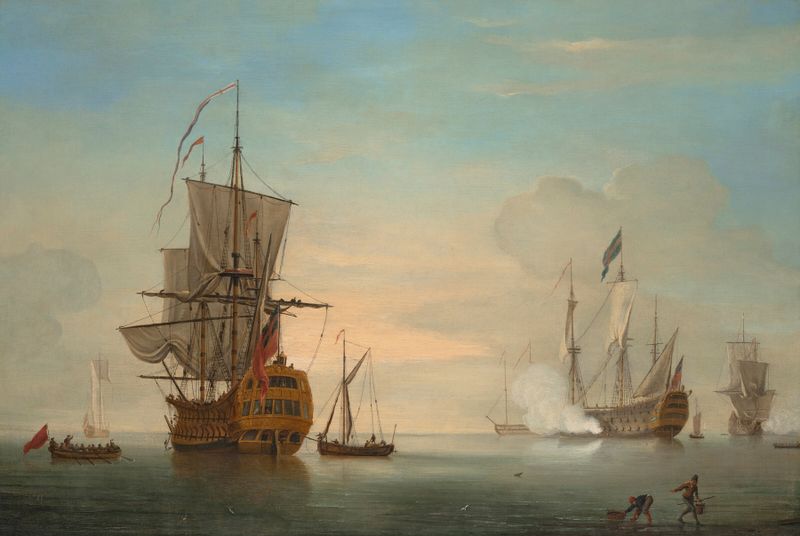 Oil painting by Samuel Scott depicting ships sailing on the ocean