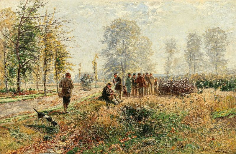 Off to the Hunt by Hugo Mühlig, oil on canvas depicting figures and horses in a golden landscape.