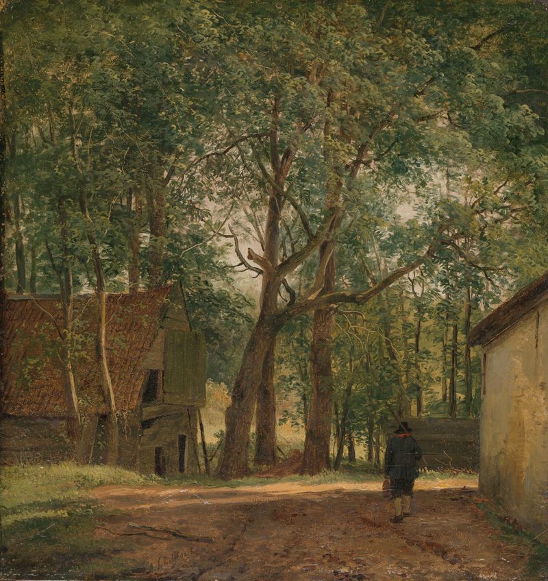 Cena de fazenda com animais e uma cerca de madeira, pintura a óleo de Andreas Schelfhout