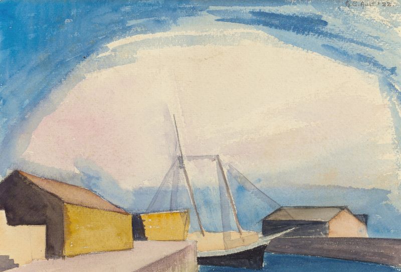 Sailboat by George Copeland Ault, oil on canvas, depicting a sailboat against a pastel sky.
