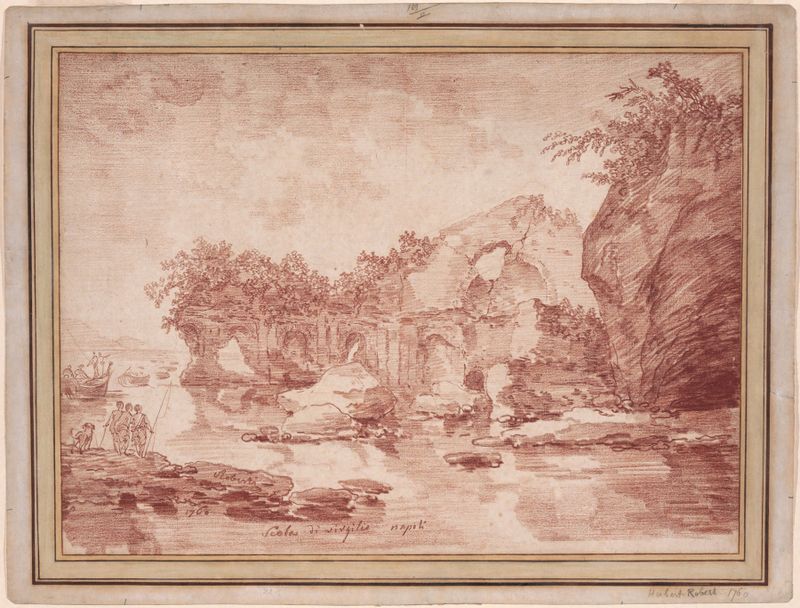 Pintura rococó de Hubert Robert retratando ruínas à beira-mar perto de Nápoles.