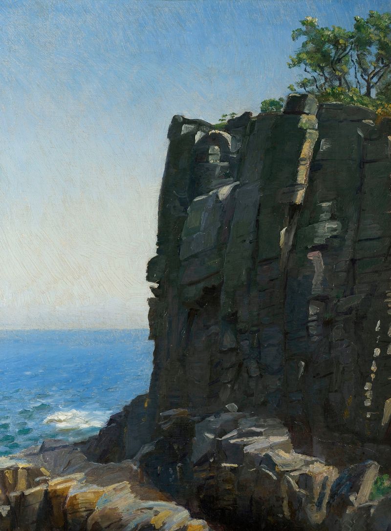 The Sanctuary Cliffs at Rø de Michael Ancher, óleo sobre tela mostrando penhascos e águas tranquilas