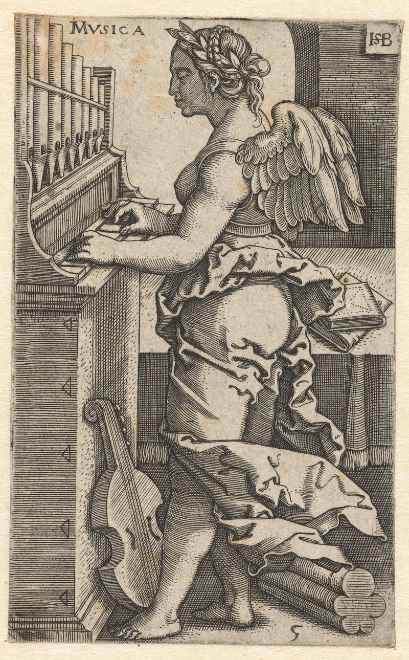 Grabado de Hans Sebald Beham que representa a una mujer tocando un laúd con luz suave