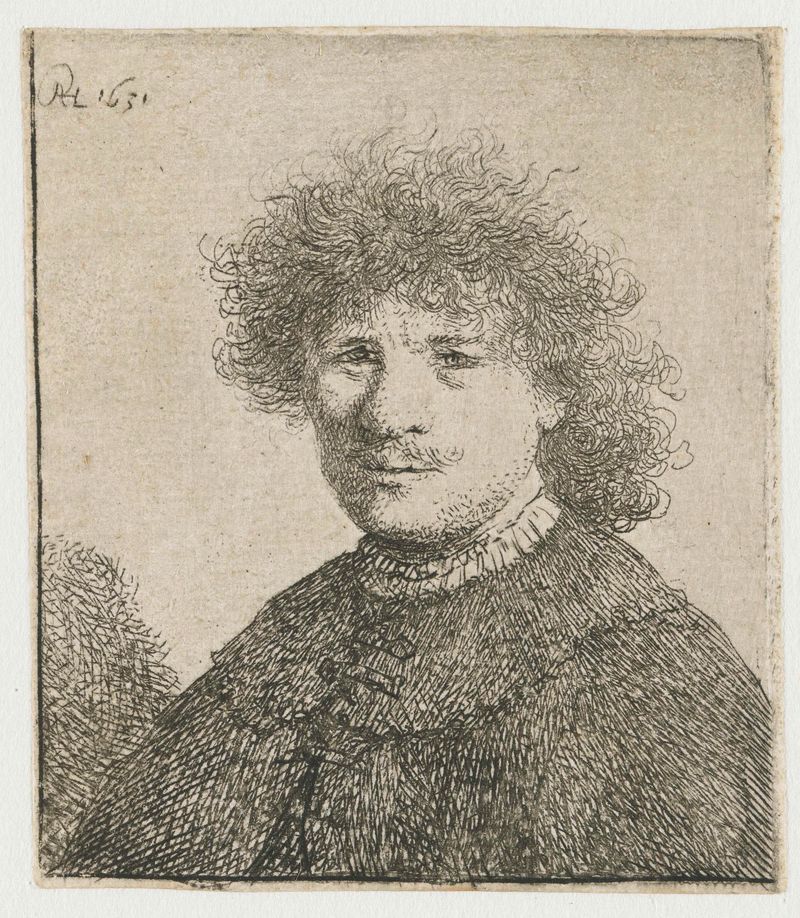 Autorretrato en una capa con un cuello caído, grabado de Rembrandt van Rijn
