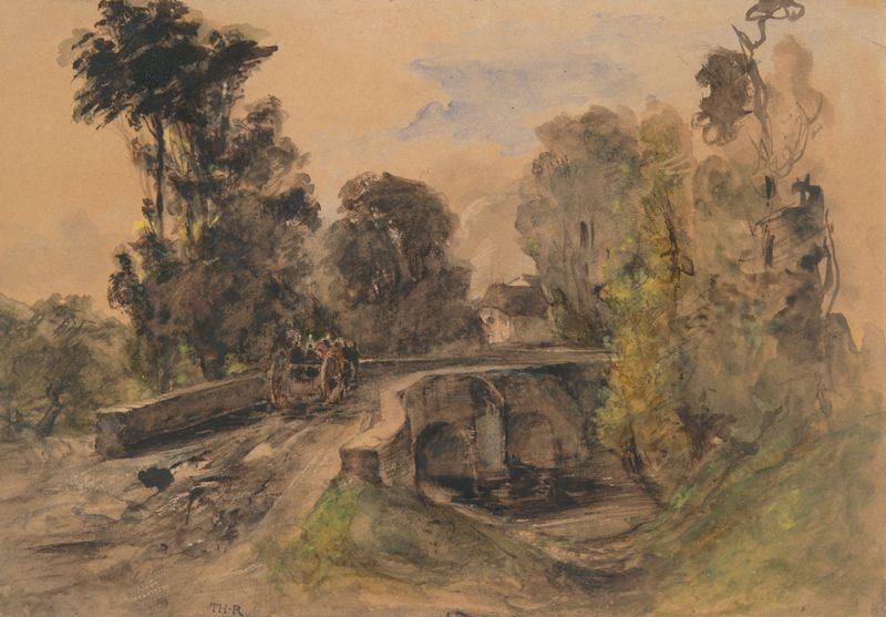 A Ponte de Pedra, óleo sobre tela de Théodore Rousseau, retratando uma ponte sobre um rio em uma floresta.