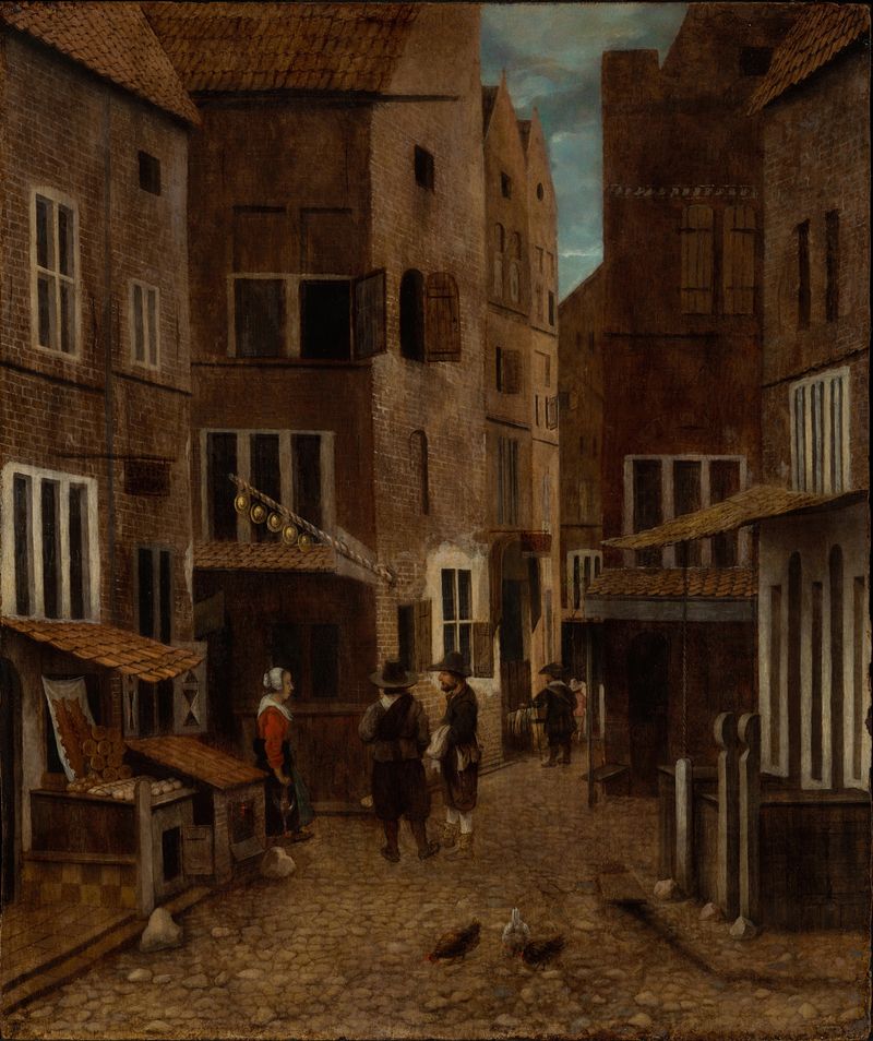 Street Scene by Jacob Vrel, oil on panel depicting a quiet street with houses and figures.