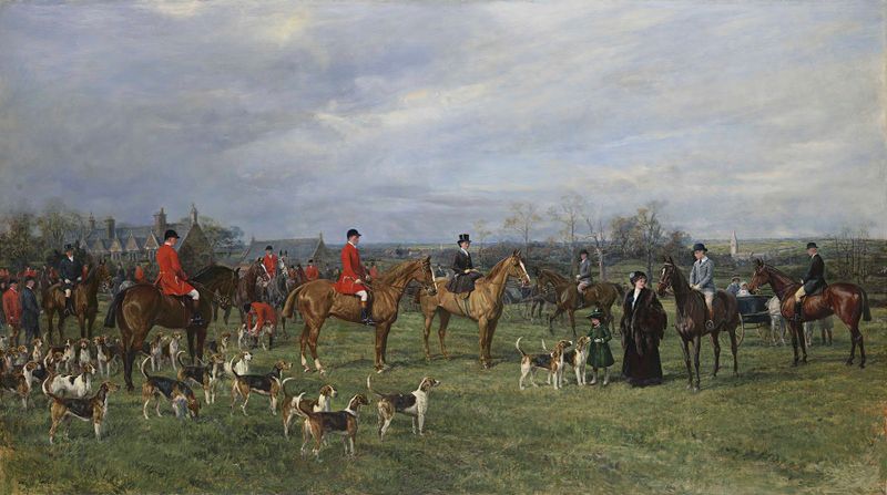 Hounds gather in autumn light, oil on canvas by Heywood Hardy