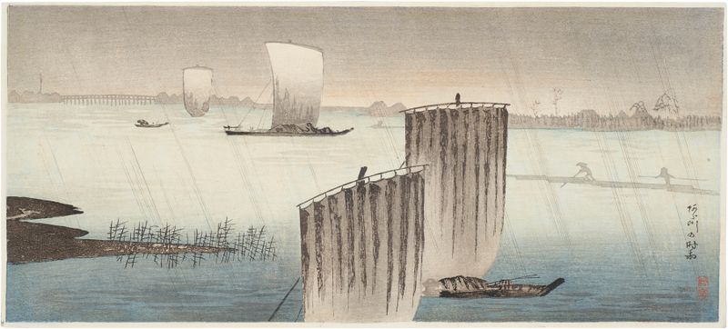 Paisagem com chuva de outono, tinta sobre papel de Takahashi Hiroaki