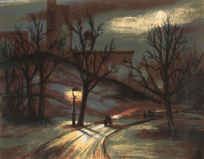 Cena Noturna de um Parque em uma Cidade, Modernismo, Artista Desconhecido, pintura a óleo