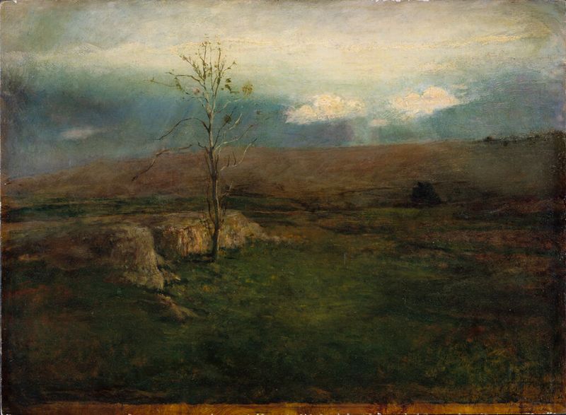 Paisagem de início da primavera com nuvens e verdes suaves de John La Farge, meio de madeira