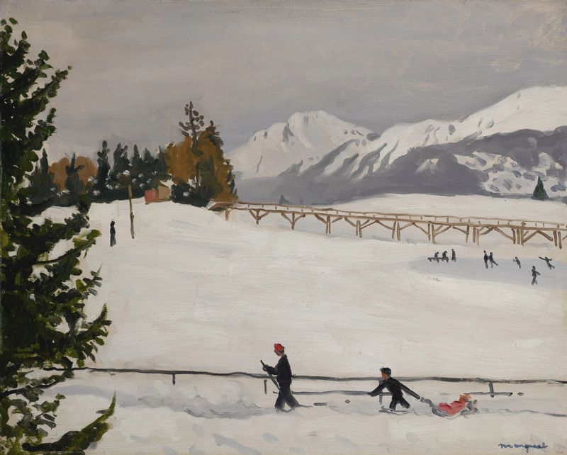Crans-sur-Sierre, La Luge de Albert Marquet, óleo sobre tela, retrata uma figura deslizando por uma encosta nevada.