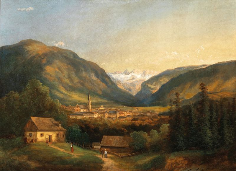 A View of Bad Ischl by Ferdinand Lepie, oil on canvas depicting a tranquil valley landscape.