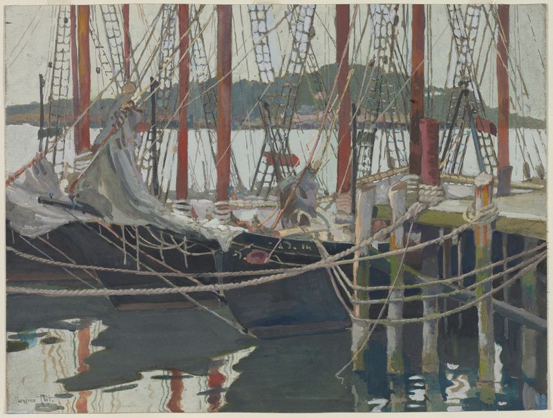 Escena marina con barcos en un puerto, pintura al óleo de Caroline E. Coit