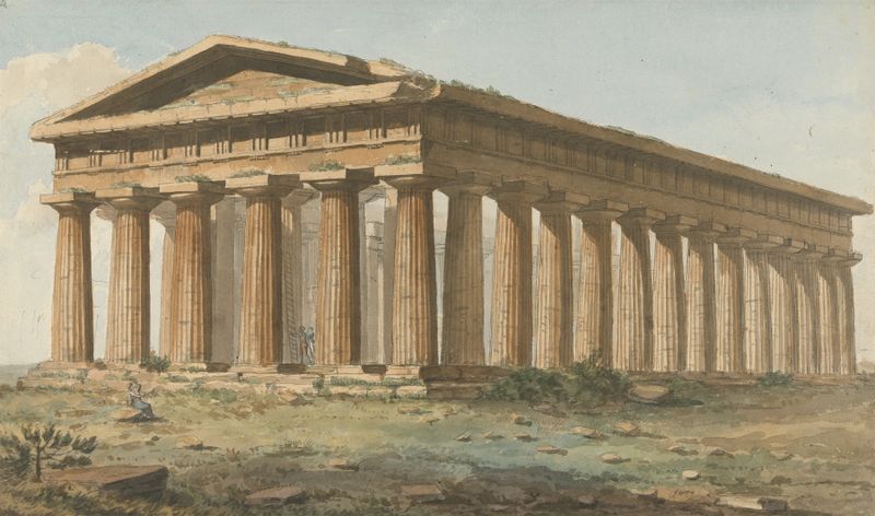 Watercolour by Willey Reveley depicting ancient temples in golden light