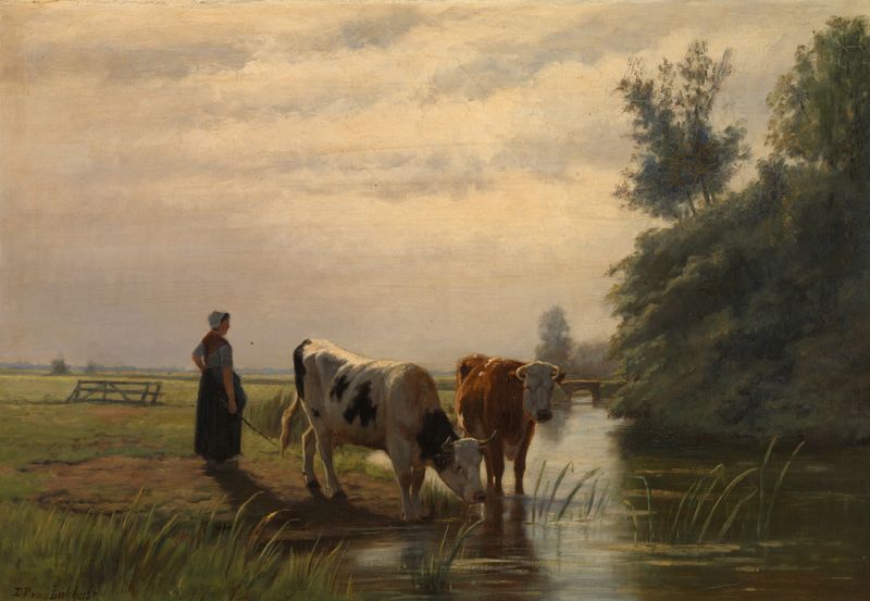 Pintura de realismo de Ida van Lokhorst mostrando vacas pastando em um prado exuberante